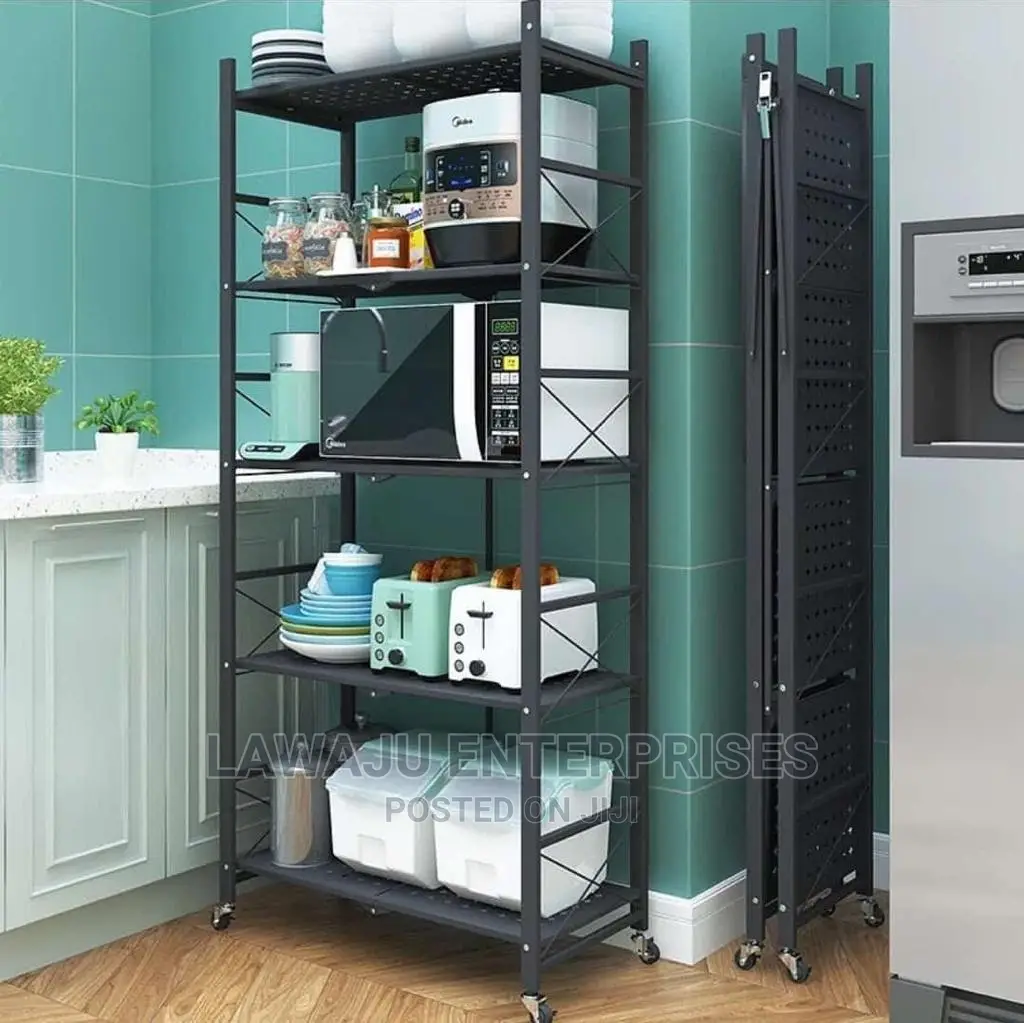 5-Tier Foldable Kitchen Metallic Storage Rack With Wheels