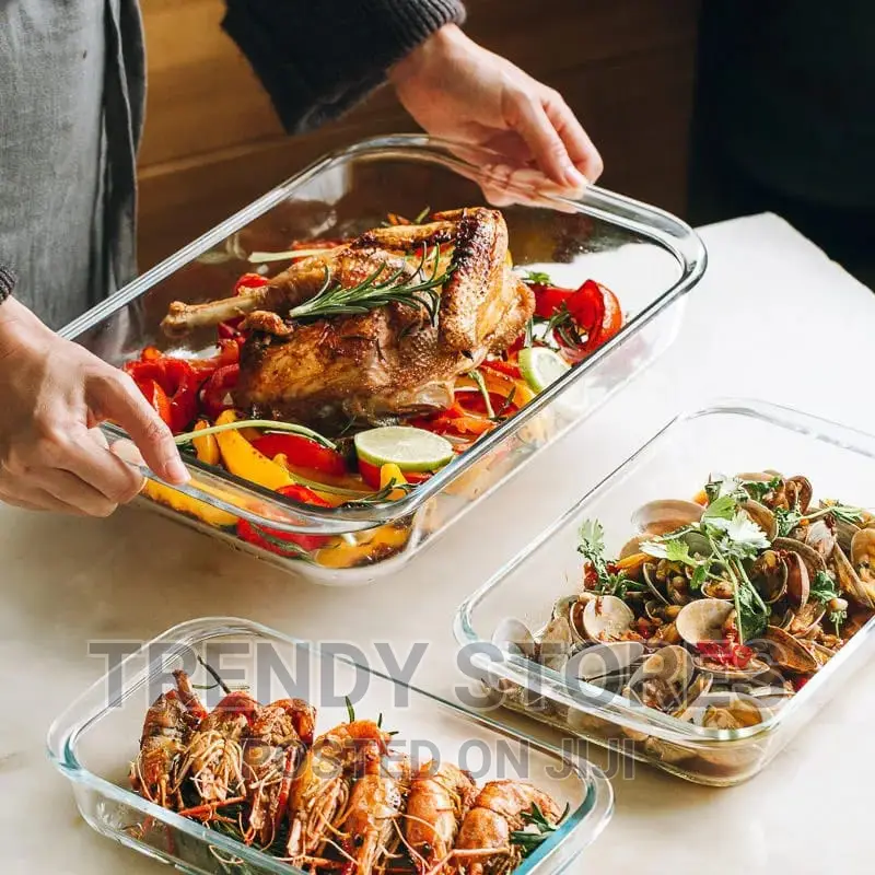 Set of 2 Rectangular Glass Oven Baking Tins + Free Glove