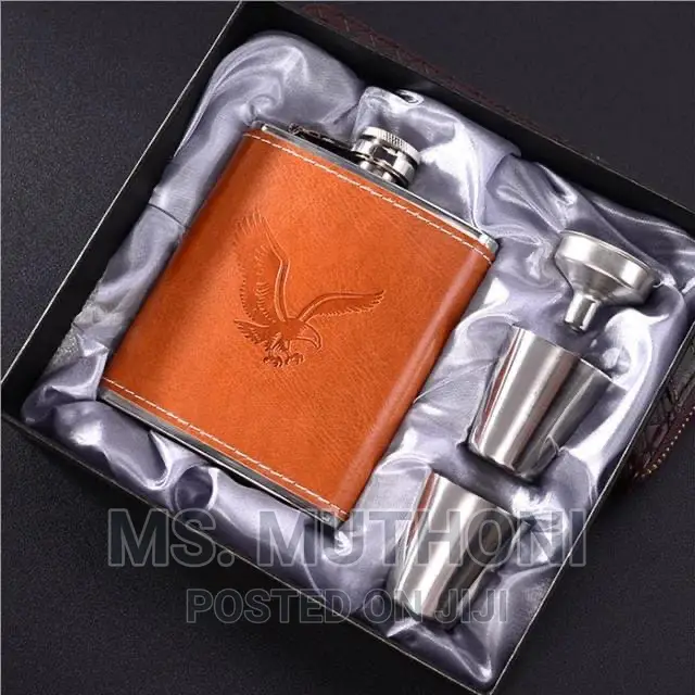 Leather Cover Whiskey Flask With Two Tot Glasses*