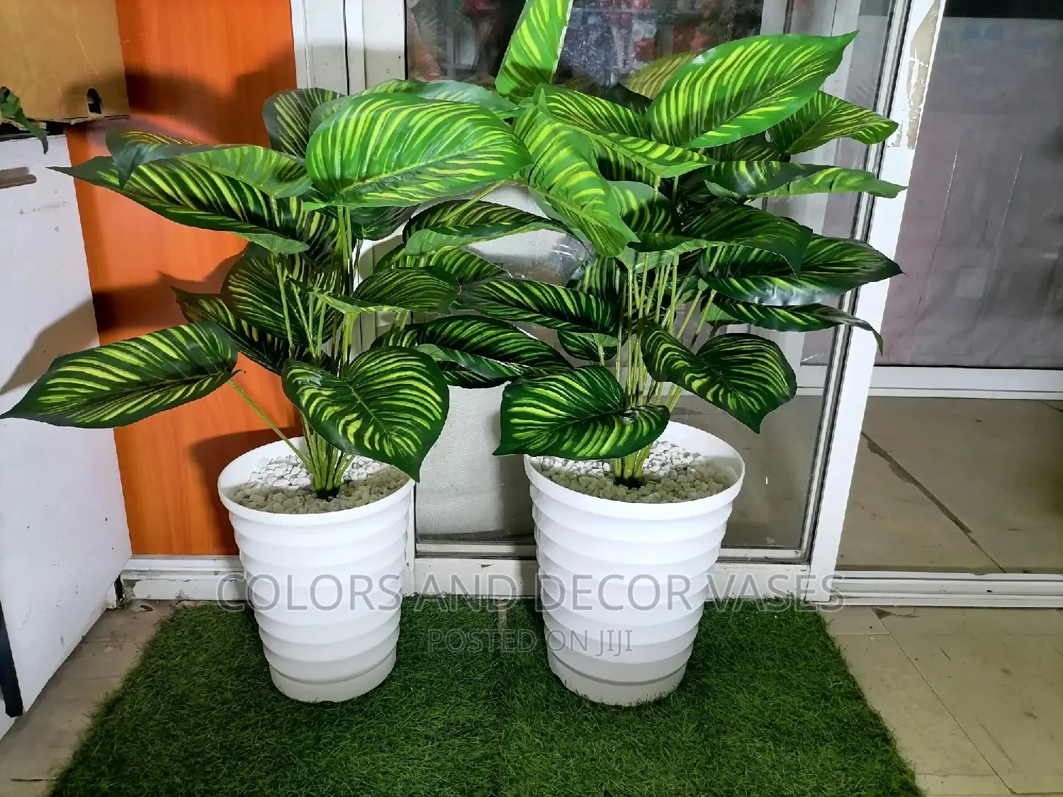 Artificial Plants, Plastic or Basket Vase and Pebble Stones
