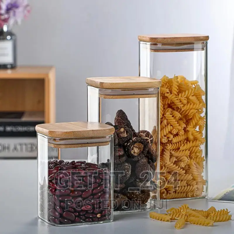 Candy / Spice Jar With Bamboo Cover Set Of 3pc