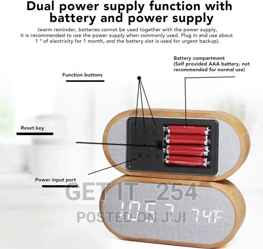 Wooden Digital Alarm Clock With Wireless Charging Display