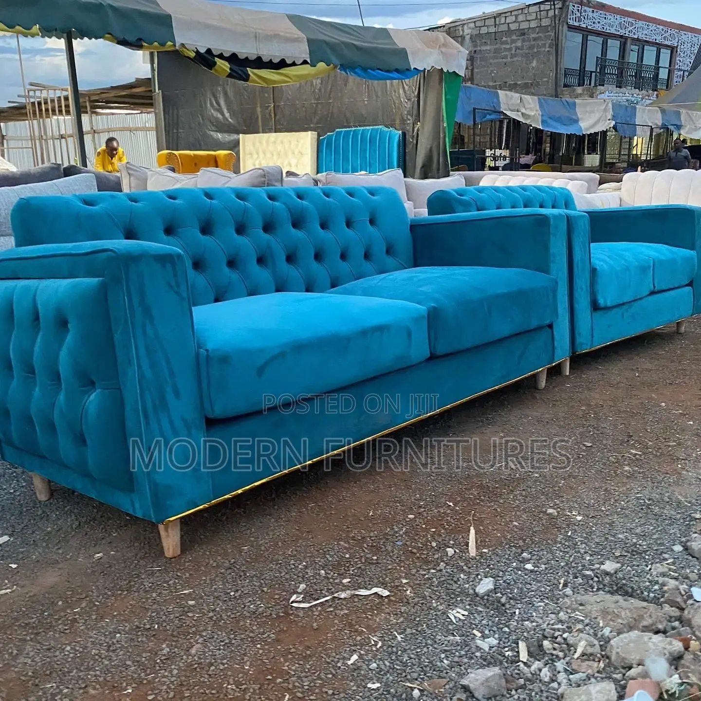Blue 5 Seater Chesterfield Sofa