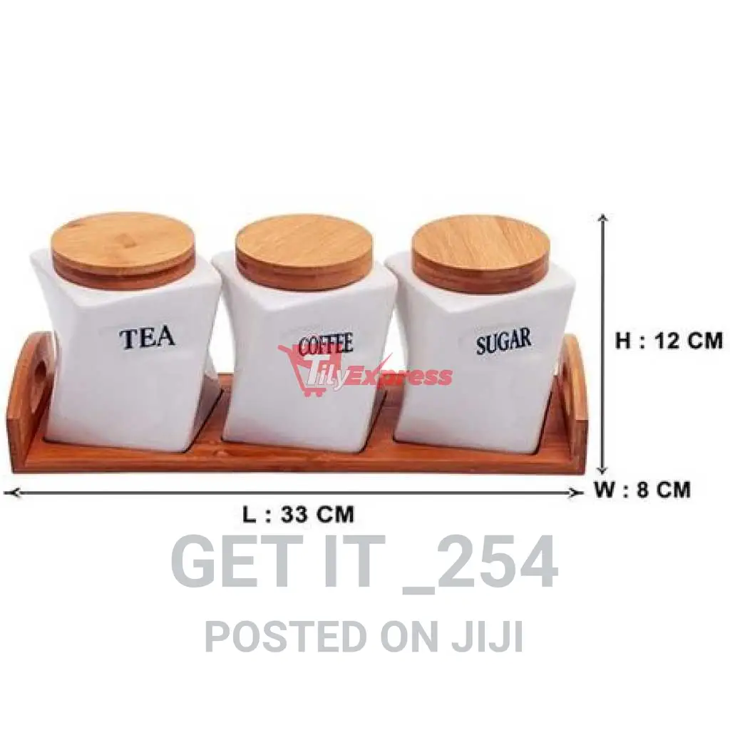3pcs Canister Set Bamboo Ceramic Tea Sugar Coffee