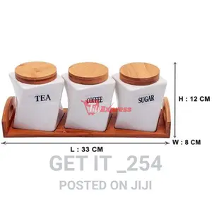 3pcs Canister Set Bamboo Ceramic Tea Sugar Coffee