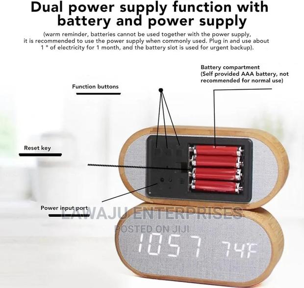 Wooden Digital Alarm Clock With Wireless Charging Display, - thumbnail 3