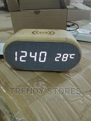 Wooden Digital Alarm Clock With Wireless Charging Display