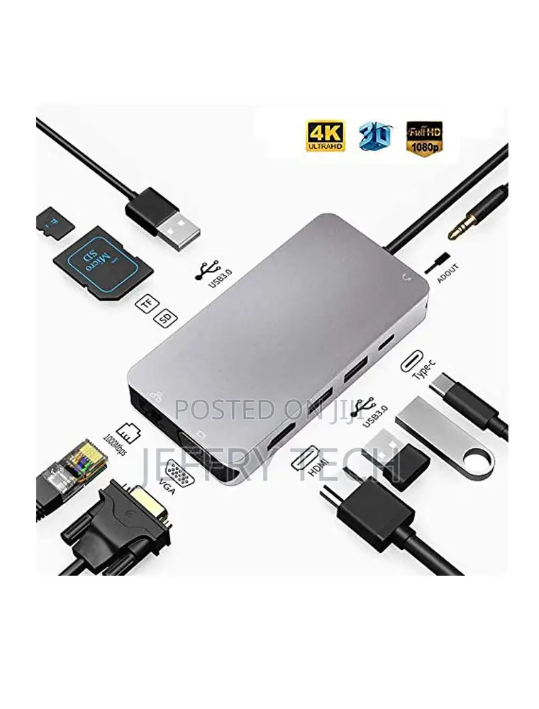 10 in 1 USB C Hub Adapter, Dongle Type C Aluminum Hub Adapte