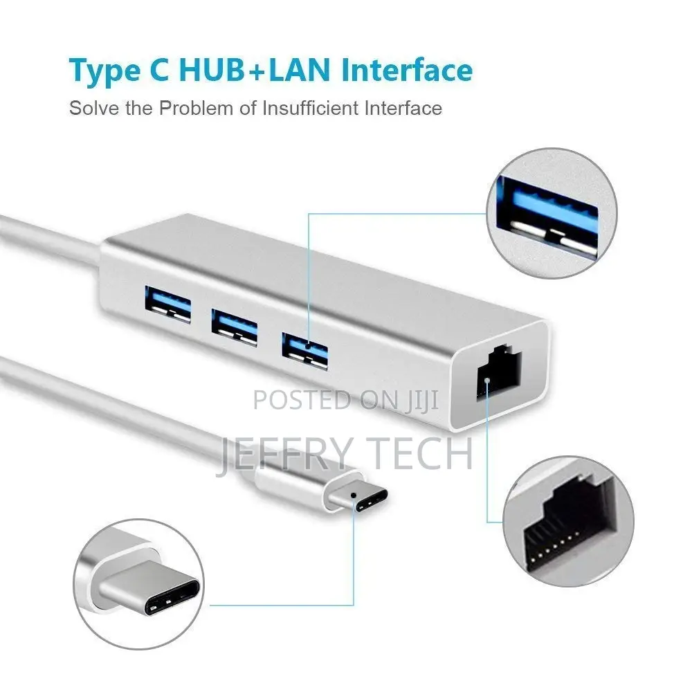 USB 3.1 Type C to 3 Ports USB 2.0 Hub With Ethernet Network