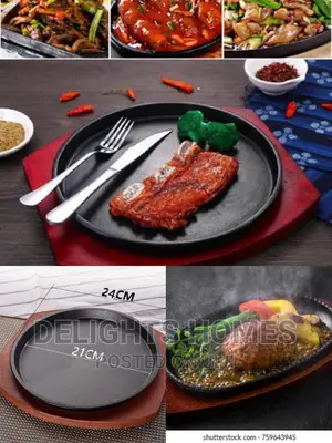 Cast Iron Hot Sizzling Plate on Wooden Tray