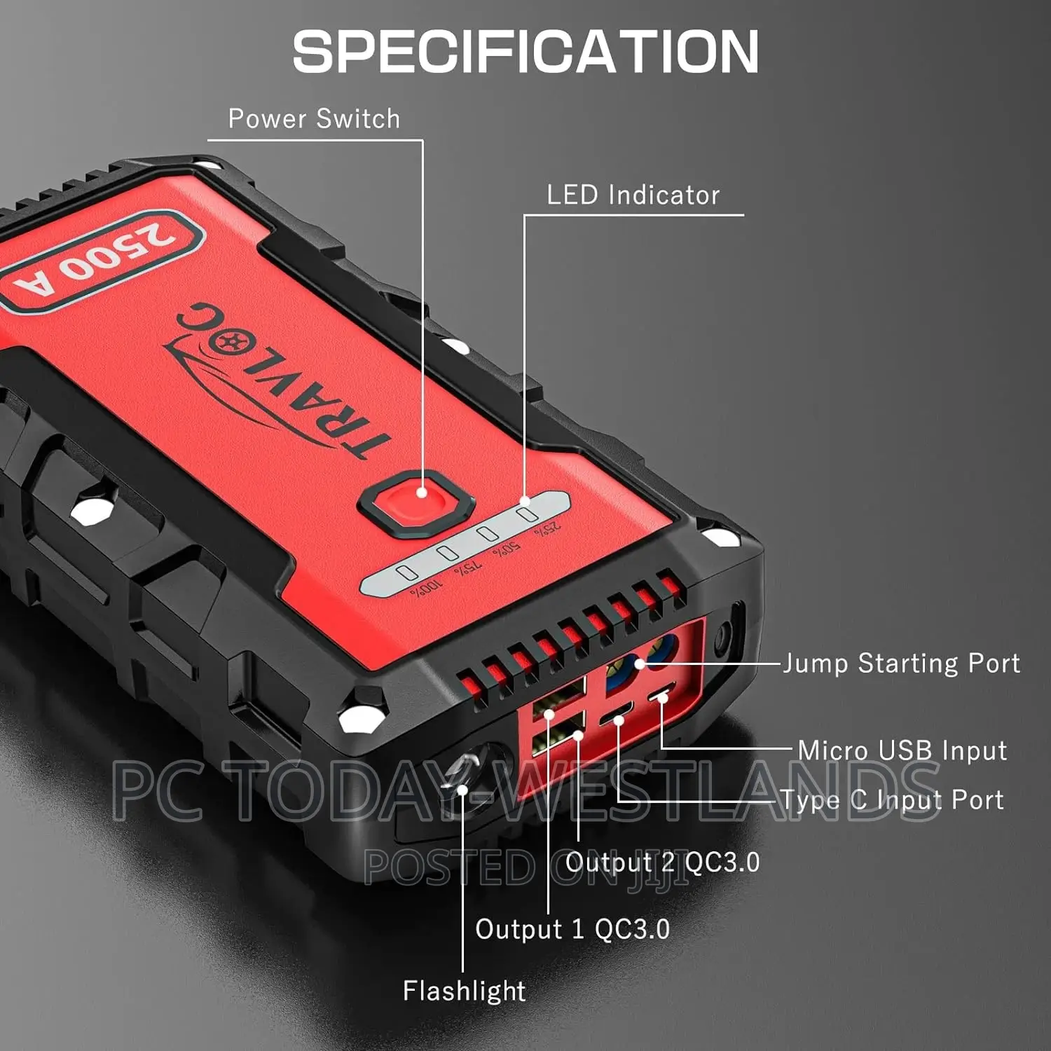 Travlog Battery Jump Starter, Portable 2500 Amp 12-Volt