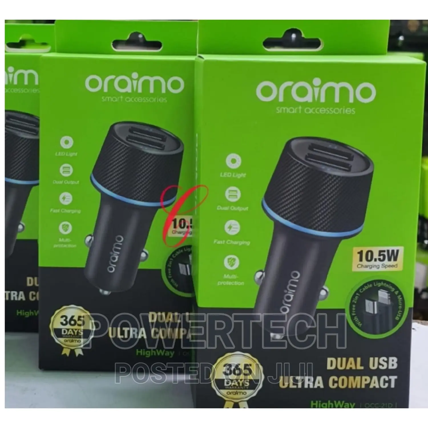 Oraimo Highway Car Charger With 2 in 1 Lightning ,USB Cable