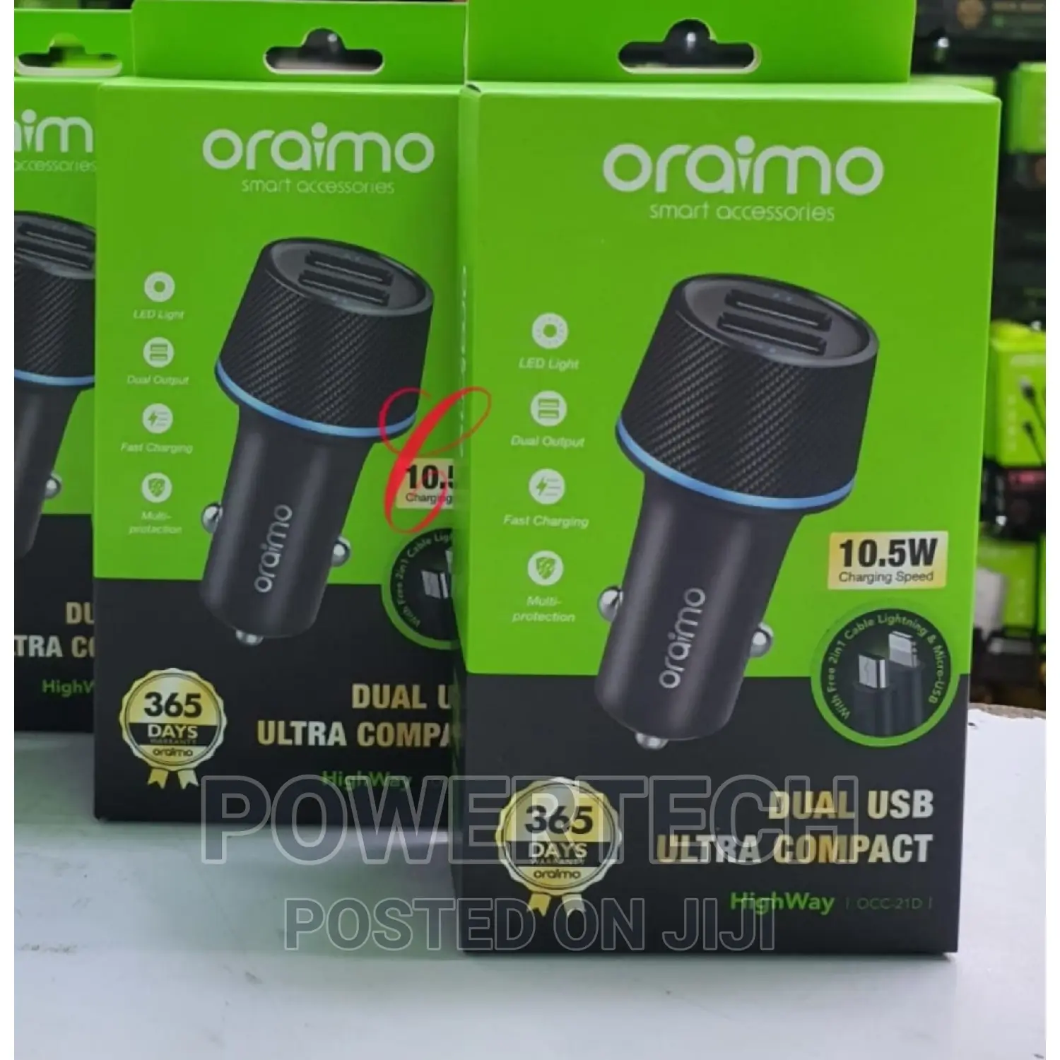 Oraimo Highway Car Charger With 2 in 1 Lightning ,USB Cable