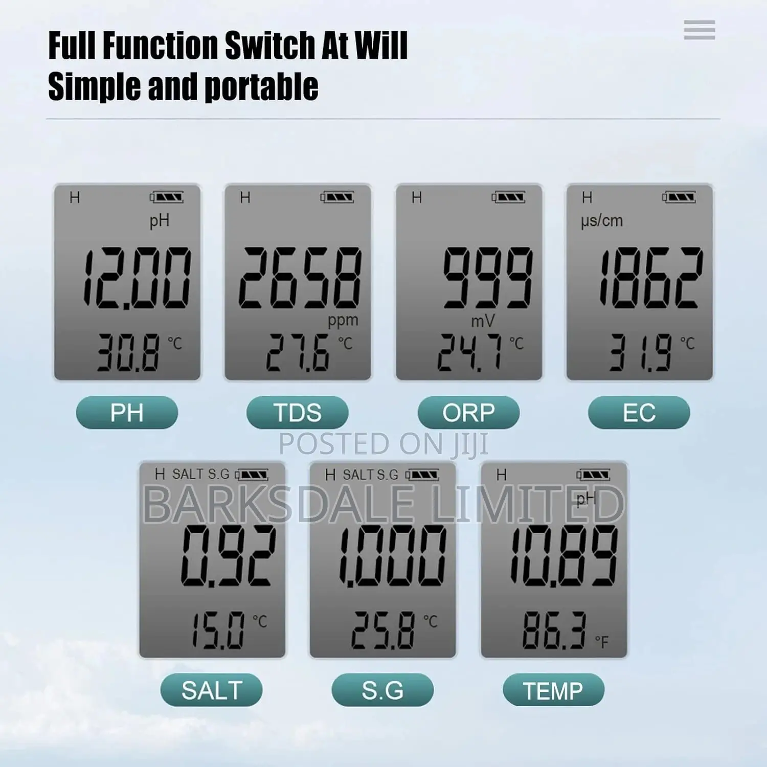 Water Quality Tester Orp Ph TDS Ec Salinity Sg 7 in 1 Meter