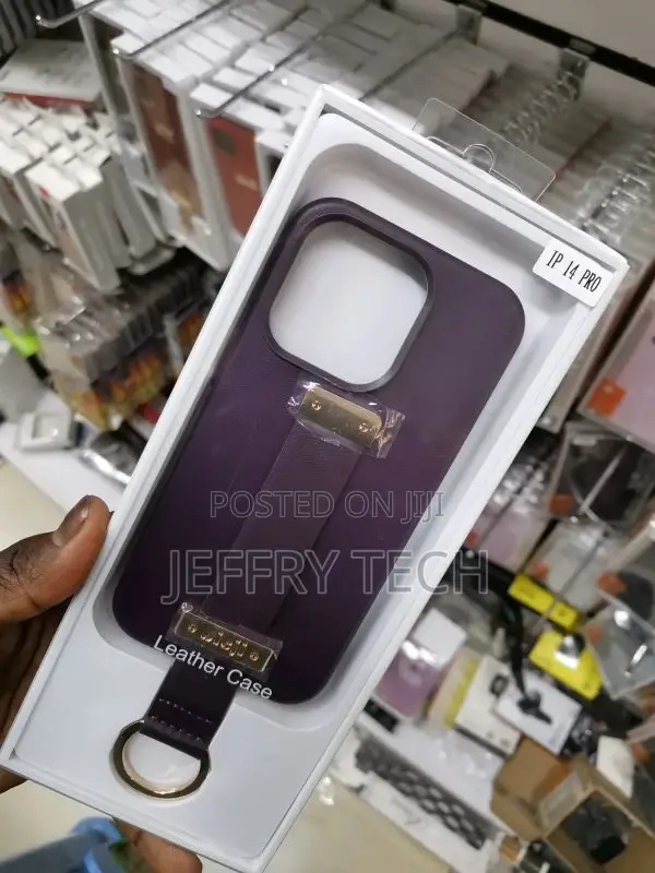 Leather iPhone 14 Pro Case With Wristband Strap, Purple