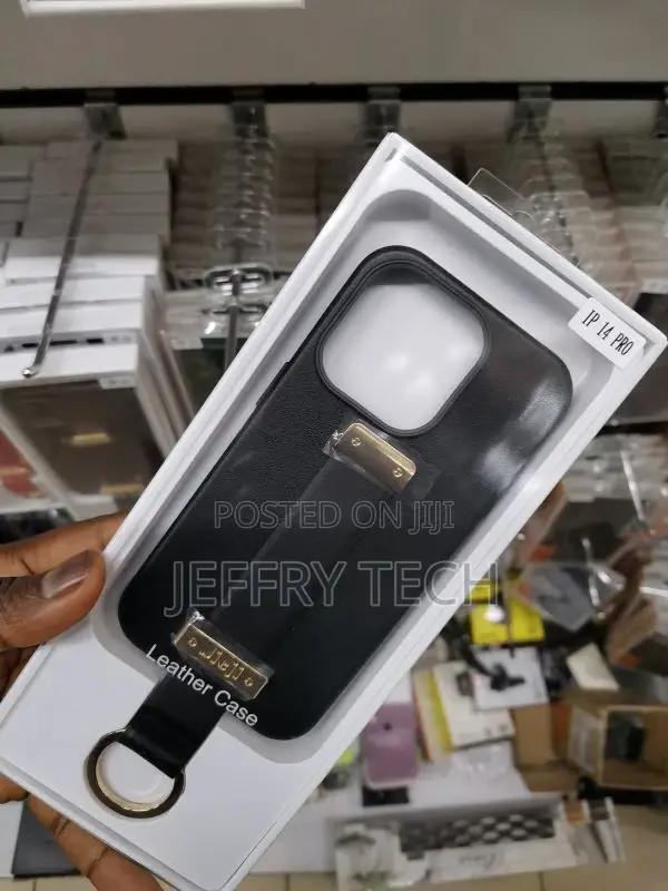 iPhone 14 Pro Leather Phone Case With Wrist Strap Black