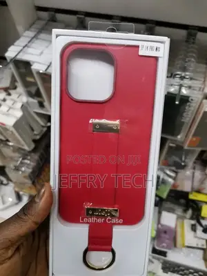 Leather iPhone 14 Pro Max Case With Wristband Strap, RED