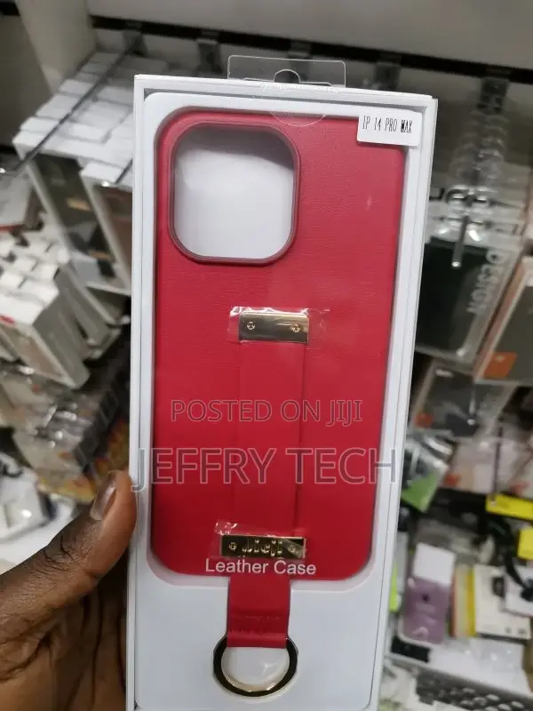 Leather iPhone 14 Pro Max Case With Wristband Strap, RED