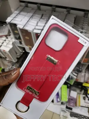 Leather iPhone 14 Pro Max Case With Wristband Strap, RED