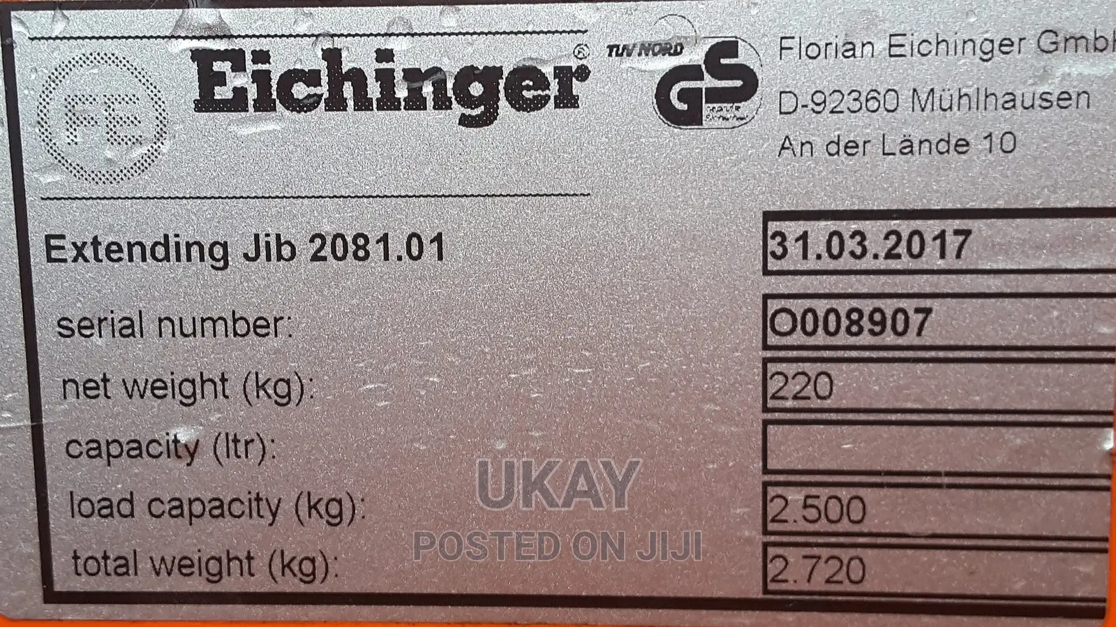 Forklift Eichinger Extending Jib.