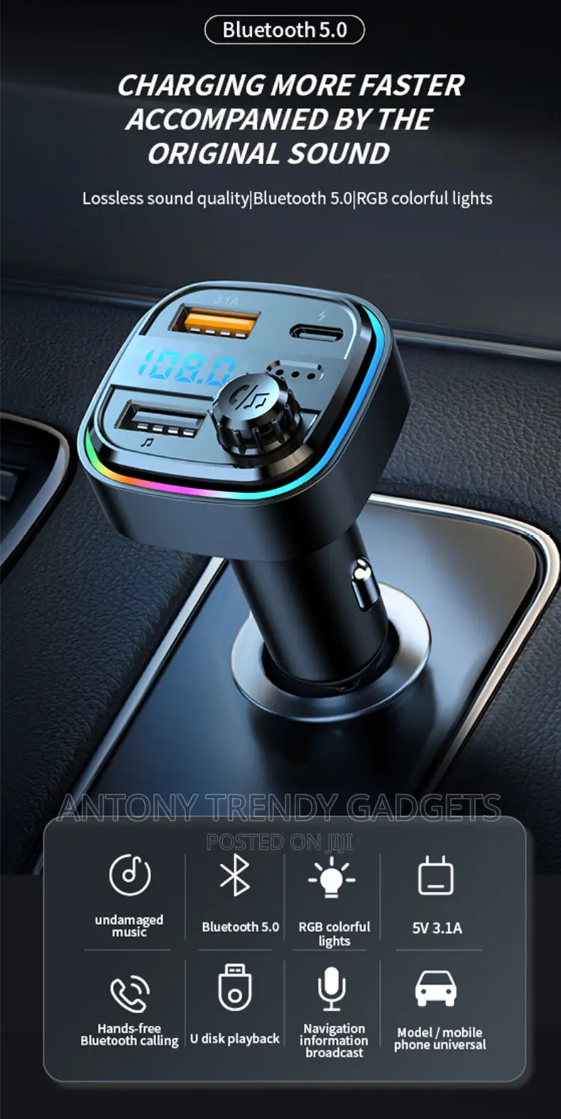 Car Bluetooth 5.0 FM Transmitter 7-Color Atmosphere Light Ca