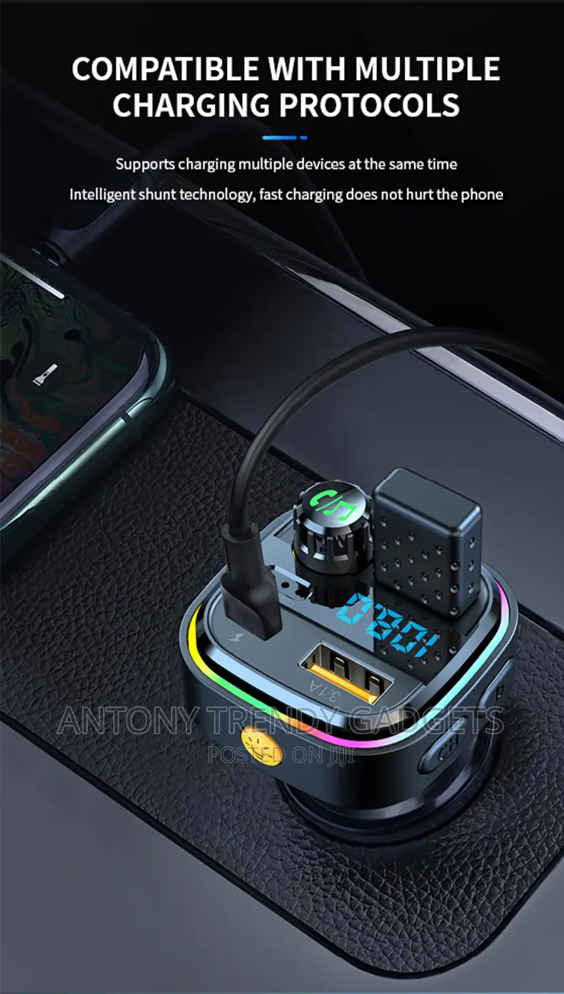 Car Bluetooth 5.0 FM Transmitter 7-Color Atmosphere Light Ca