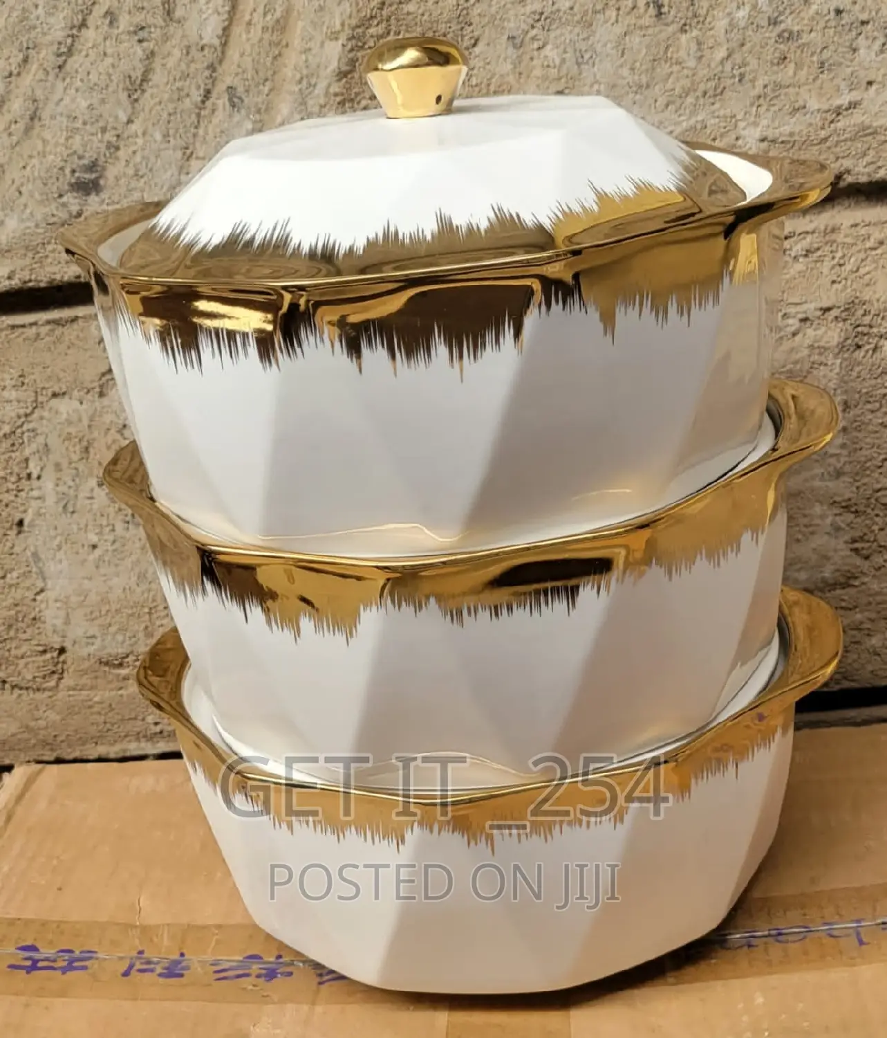 *3pcs 3ltr Ceramic Serving Bowls With Gold Finishing