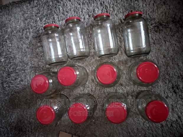 A Dozen (12) 2000ml or 2L Glass Storage Jars With Red Lids - main view