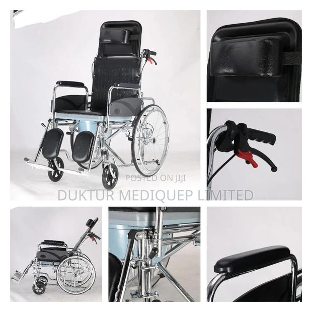 High Back Folding Reclining Commode Wheelchair With Headrest - thumbnail 3