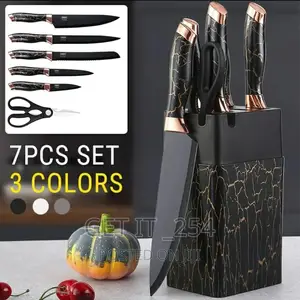 7pcs Chef Knife Set With White Cracked Handle and Sharpenern