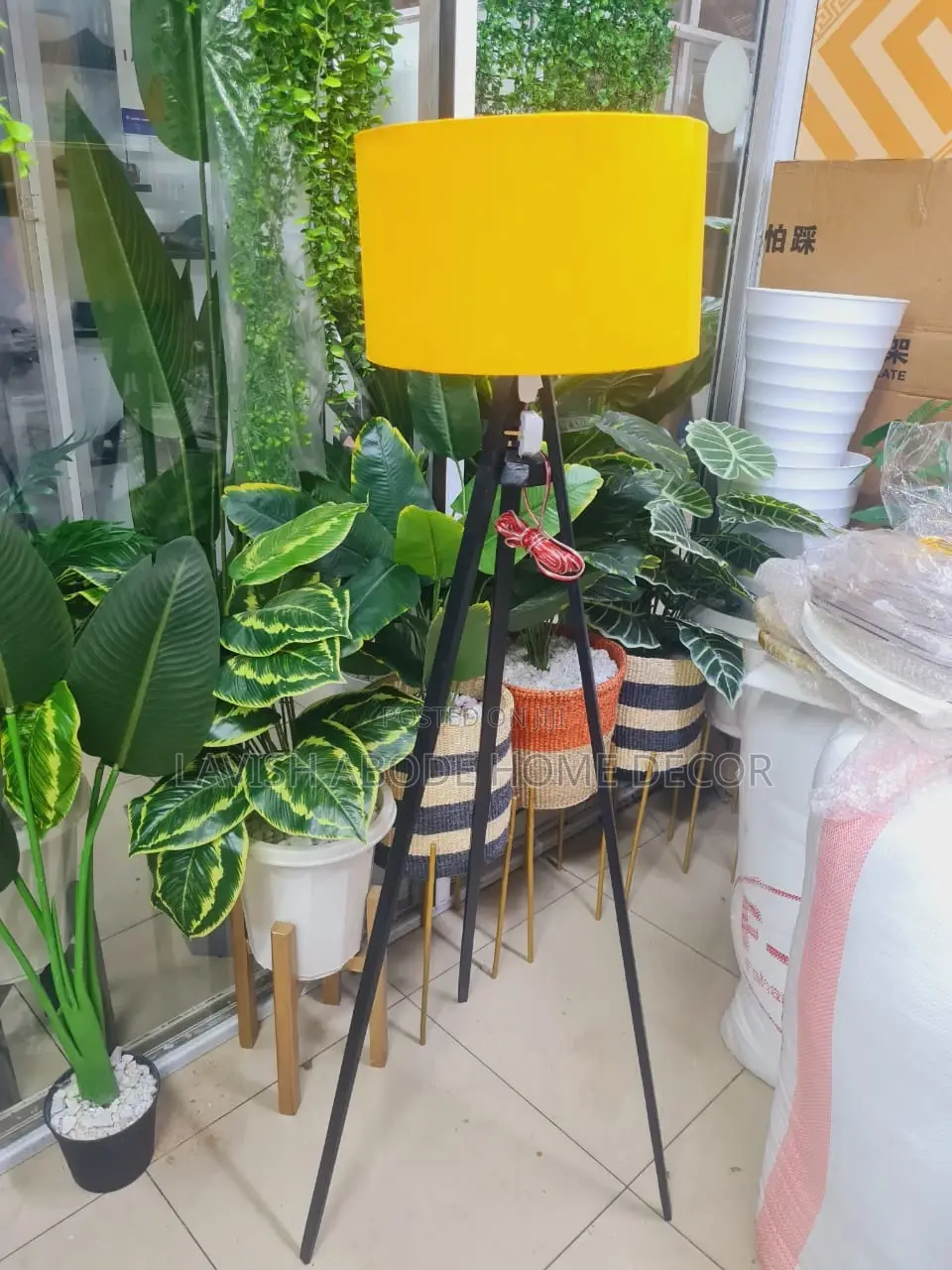 Tripod Floor Standing Lamp With a Mustard Yellow Lampshade