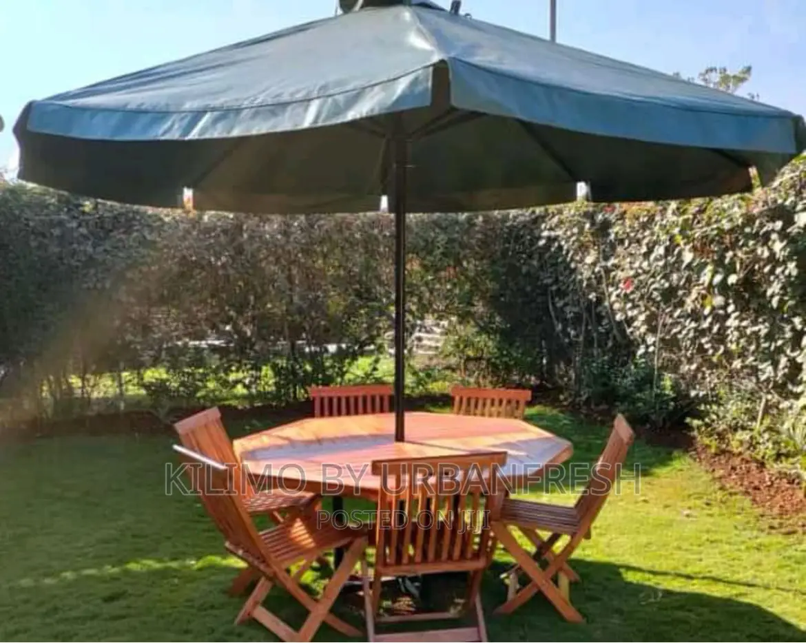 Garden Umbrella + Wooden Chairs Table