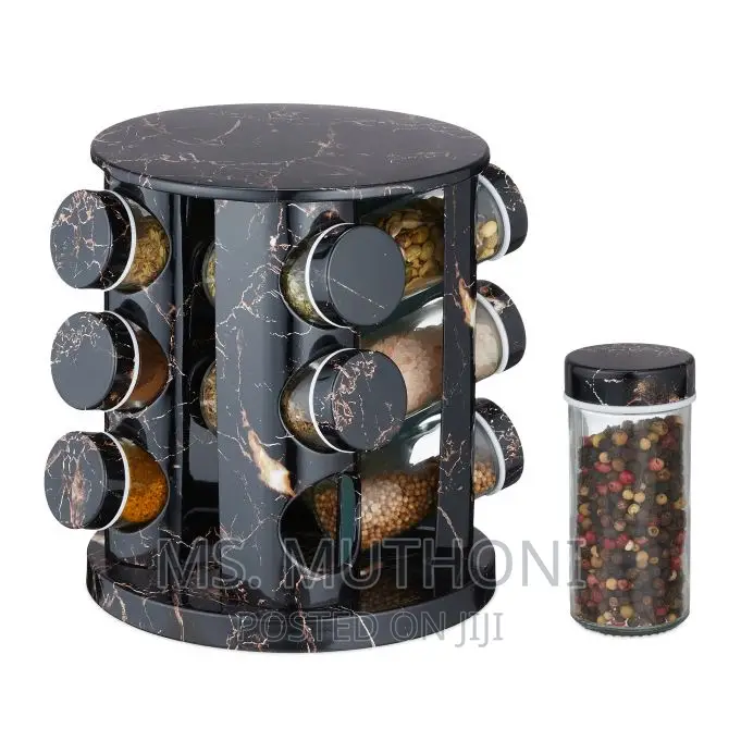 12pcs /16pcs Black Marble Spice Jars With a Rotating Stand