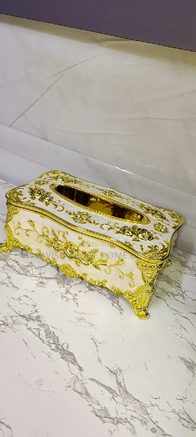 Luxury Serviette Holder/ Tissue Box White With Gold Details