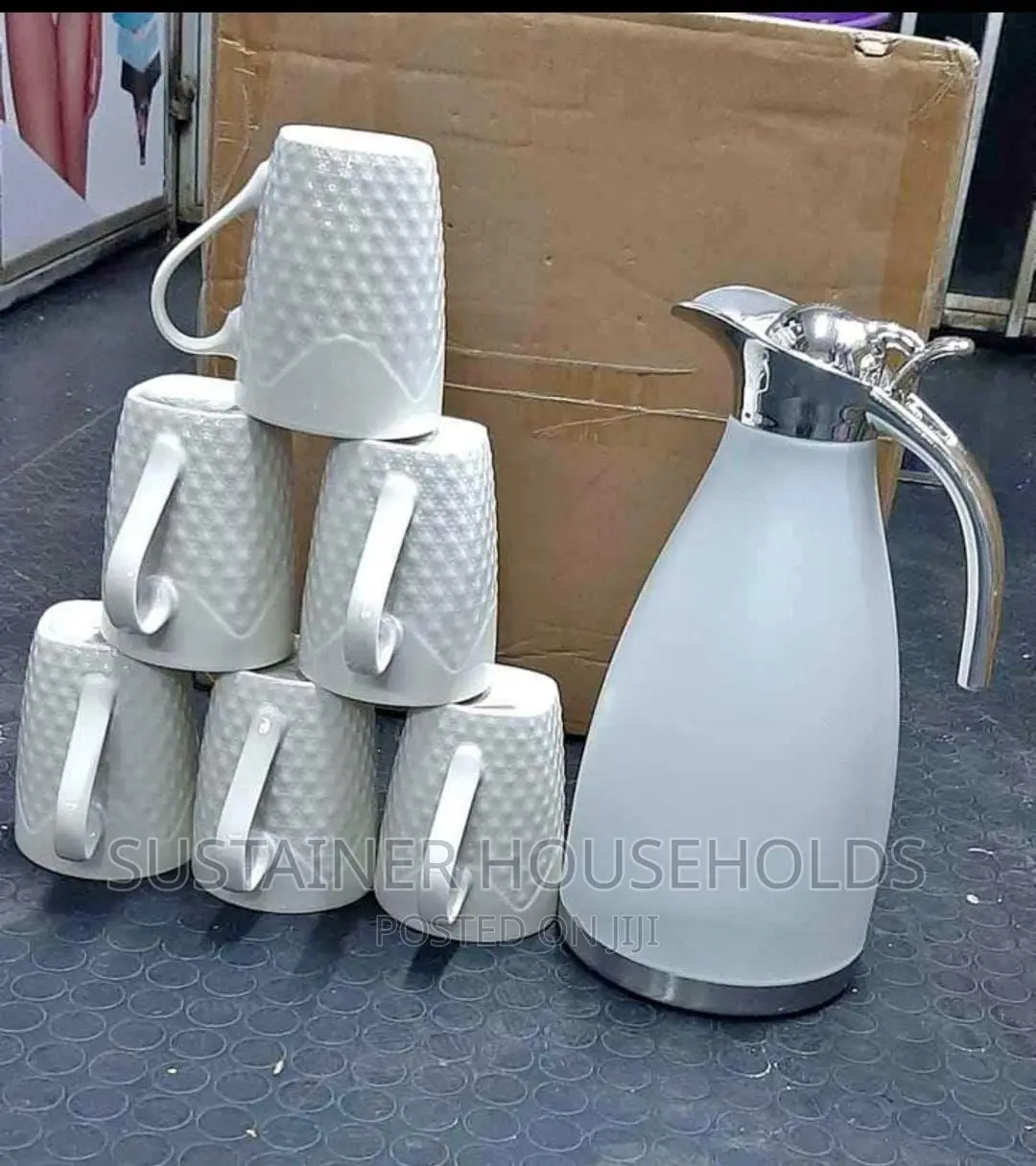 *White Flask Set,6 PCS Mugs,1 Pc Flask of 2 Litres Capacity