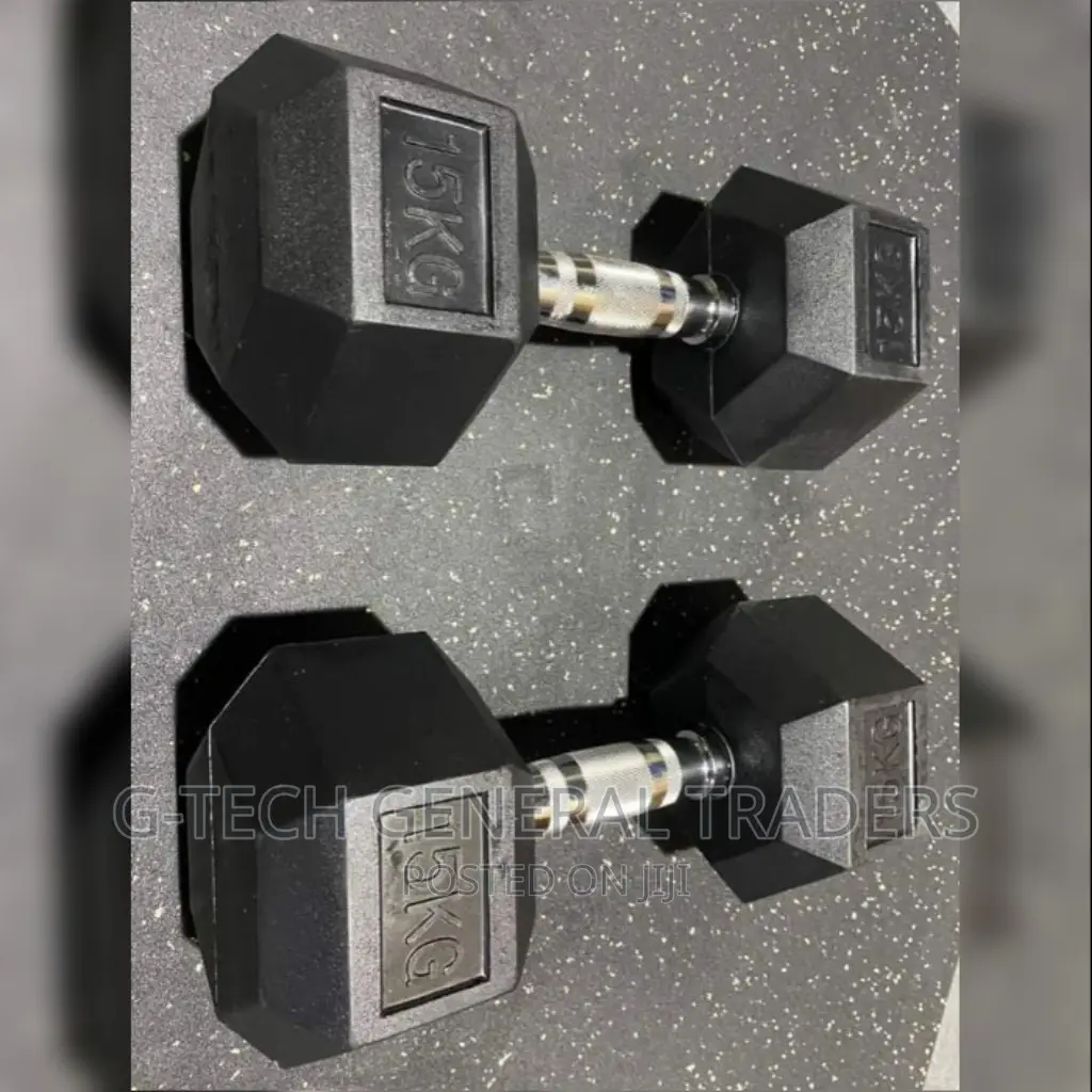 Dumbbells!Rubber Coated 15kg Hexagonal Pair Dumbbells
