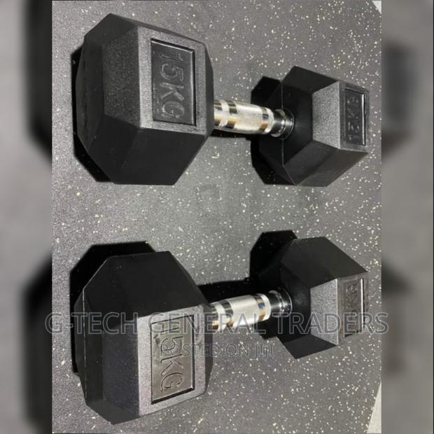 Dumbbells!Rubber Coated 15kg Hexagonal Pair Dumbbells
