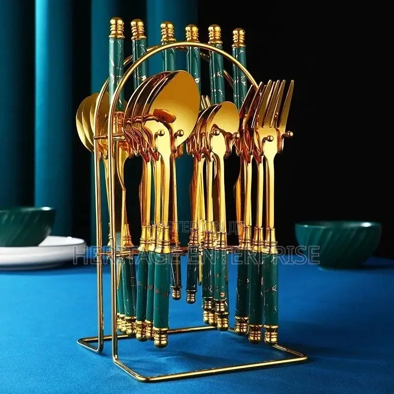 Spoons Cuttery Set, Marble and Gold Cutlery Set.