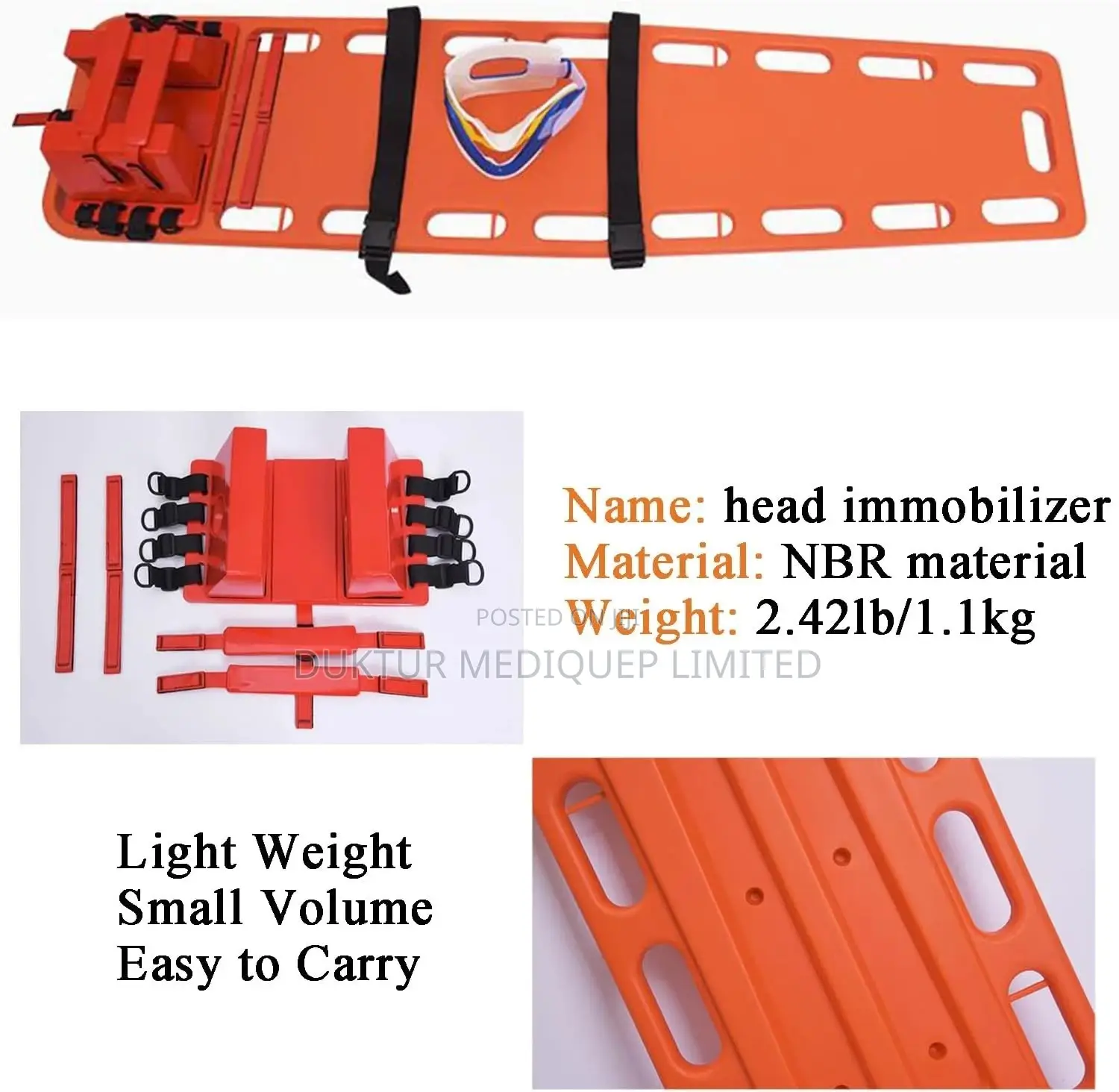 Spine Board With Head Immobilizer/ Block and Cervical Collar