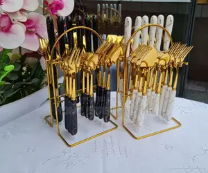 *24pcs Gold Cutlery Set With Marble Ceramic Handle
