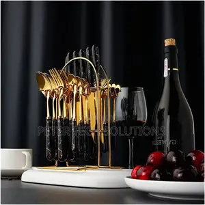 24pcs Golden Cutlery Set ,Marble Black Handle