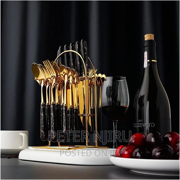 24pcs Golden Cutlery Set ,Marble Black Handle - main view