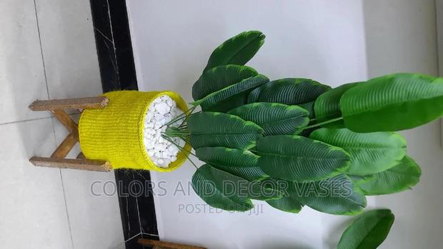 Plant Artificial, Basket With Pebble Stones Wooden Stand
