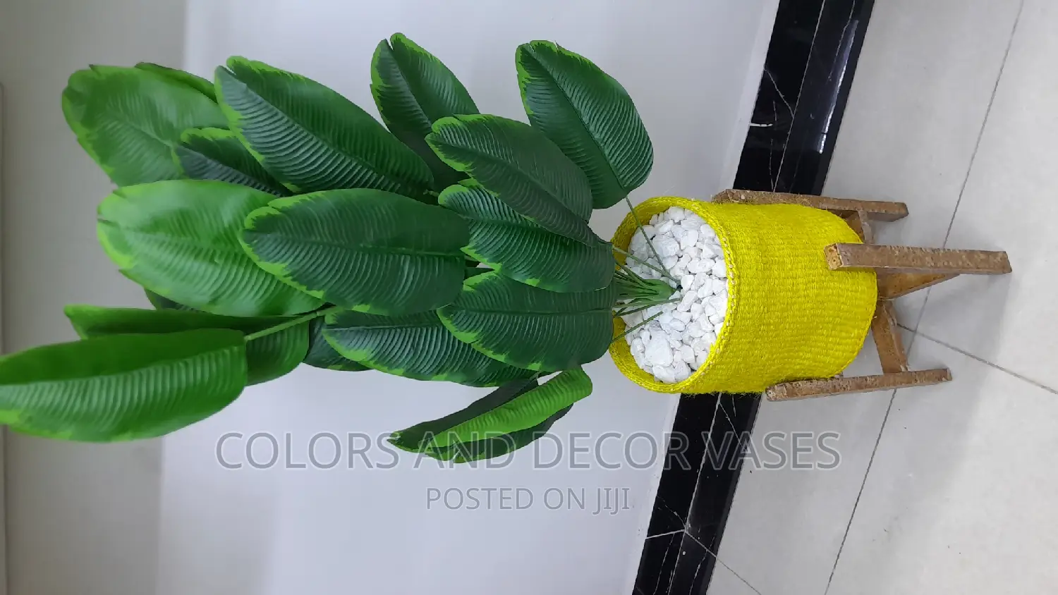 Yellow Basket, Artificial Plant and Pebble Stones
