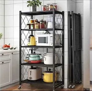 5tier Foldable Kitchen Metallic Storage Rack With Wheels