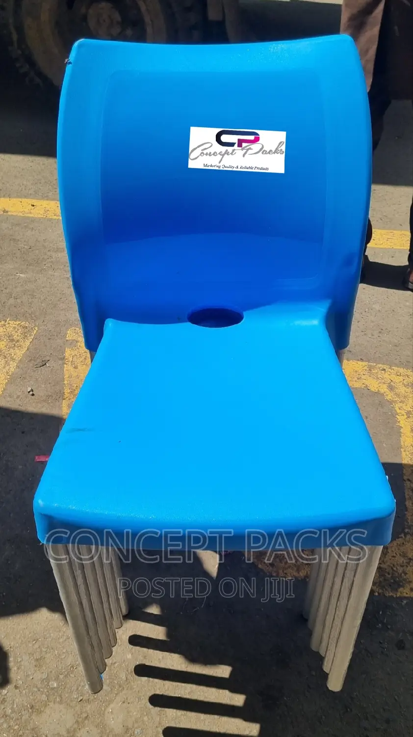 Blue Strong Armless Chair With Metal Tubing Legs