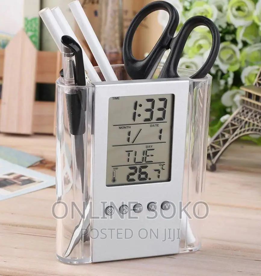 Multi-Functions LCD Digital Clock Desk Pen Holder Organizer