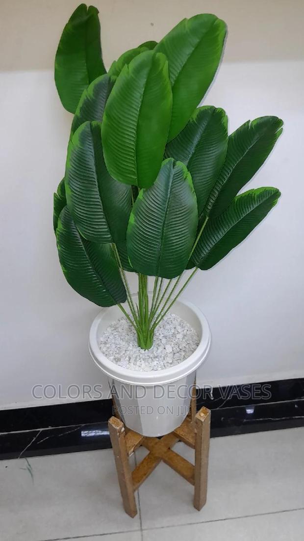 Plant,Plastic Vase and Pebble Stones With Wooden Stand