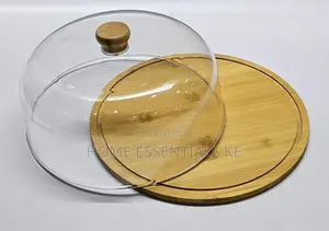 28cm High Quality Glass Bamboo Base Cake/Fruit Stand +Top Cover