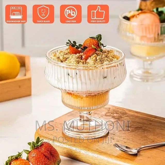 6 Vintage Ribbed Icecream Pudding Dessert Glass